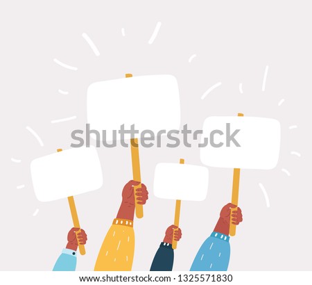 Vector cartoon illustration of Hands holding plate. Election Voting Poster. Blanc Banners on white.