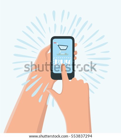 Vector cartoon illustration of hands holding smart phone with add to cart button. Online shopping by mobile web app