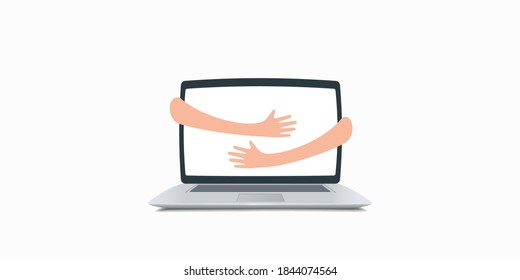 Vector cartoon illustration of hands hugs a laptop