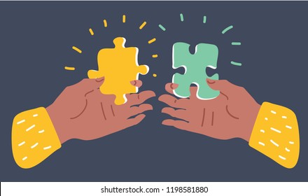 Vector cartoon illustration of Hands putting puzzle pieces.