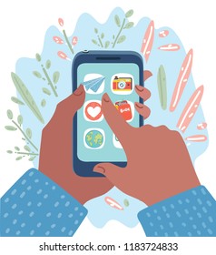 Vector cartoon illustration of hands with smartphones with apps on screen. Online shopping, mobile payment, pay with smartphone, shopping basket modern concepts for web banners, web sites.