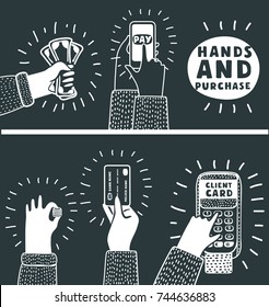 Vector cartoon illustration of hands using mobile phone, cash, pos terminal for credit card for pay. Different way - shopping. Modern concept in black and white colors.