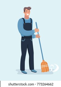 Vector cartoon illustration of handsom Janitor sweeping with the broom. Character isolated on white background.