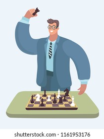 Vector cartoon illustration of Handsome businessman standing at the desk, playing chess and thinking. Business strategy concept. Human character in modern style.