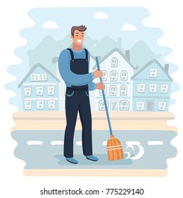 Vector cartoon illustration of handsome happy Janitor sweeping the fallen leaves. Cozy landscape background