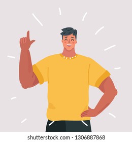 Vector cartoon illustration of Handsome man holding up his index finger and giving advice. Human character on white background.