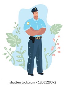 Vector cartoon illustration of handsome Policeman. Human character on isolated white background.