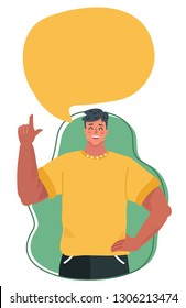 Vector cartoon illustration of Handsome young man holding up his index finger and giving advice. Attractive manager speaking with speech bubble.