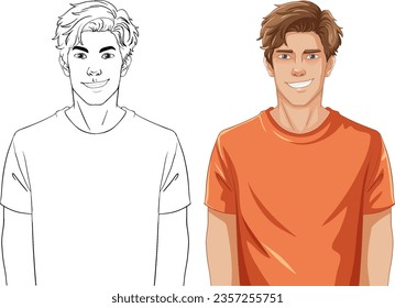 A vector cartoon illustration of a handsome young man smiling, perfect for colouring pages