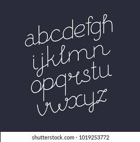 Vector Cartoon Illustration Of Handwritten Script Font. Thin Line Style Modern Calligraphy Cursive Typeface. Italic, Slanted Font On Dark Background.