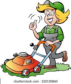 Vector Cartoon illustration of a Handy Gardener Woman with a Lawnmower 