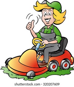 Vector Cartoon illustration of a Handy Gardener Woman riding on a Lawnmower