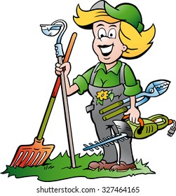 Vector Cartoon illustration of a Handy Gardener Woman standing with he Garden Tools
