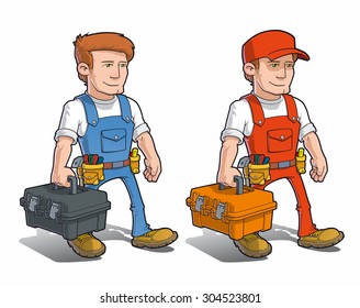 Vector cartoon illustration of a handymen carrying a toolkit.
