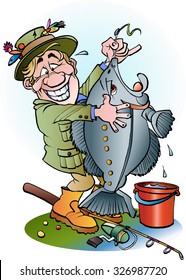 Vector cartoon illustration of a happy angler