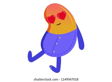 Vector cartoon illustration of happy bean heart shaped eyes. Isolated on white background. 
