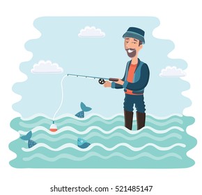 Vector cartoon illustration of happy bearded fisherman standing in the water with a fishing rod in his hands. Camping, vacation, relax. Fish and and float