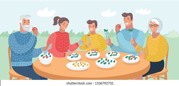 Dibujo vectorial de Happy big family cenando juntos en la mesa. Vista de los personajes humanos en verano en el jardín. Tres generaciones: madre, abuela, padre, abuelo, hijo