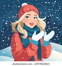 Vector cartoon illustration, happy blonde girl in warm winter clothes catches falling snowflakes with her hands. Cozy winter season.	