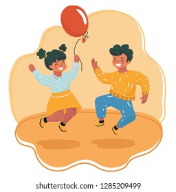 Vector cartoon illustration of Happy boy and girl jumping. Kids activity.