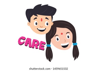 Vector cartoon illustration of happy boy and girl with care text. Isolated on white background.