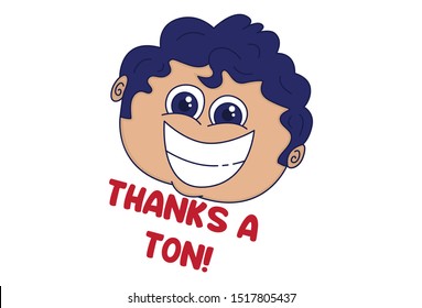 Vector cartoon illustration of happy boy face saying thanks. Isolated on white background.