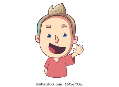 Vector cartoon illustration of the happy boy showing hand. Isolated on white background.