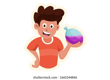 Vector Cartoon Illustration Of Happy Boy With Water Balloon. Isolated On White Background. 