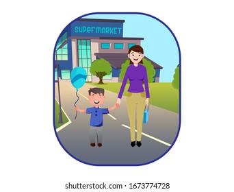 Vector cartoon illustration of happy boy holding mom hand. Isolated on white background.