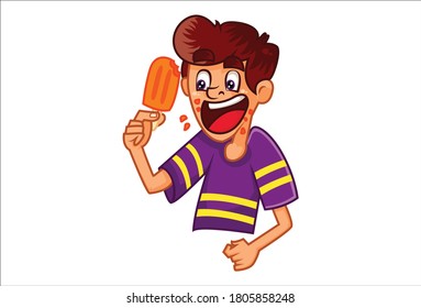 Vector cartoon illustration of a happy boy holding ice cream. Isolated on white background.