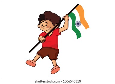 Ilustración de dibujos animados. Niño feliz sosteniendo la bandera india en las manos y corriendo. Aislado sobre un fondo blanco.