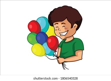 Vector cartoon illustration of happy a boy holding balloons in hands. isolated on a white background.	