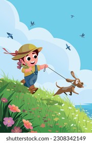 vector cartoon illustration of a happy boy running with a puppy in a wide meadow in spring