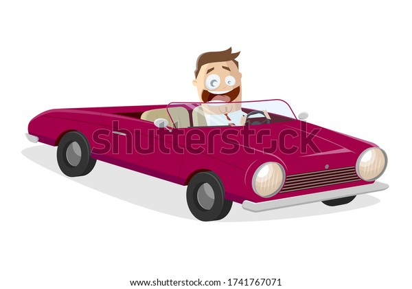 vector cartoon illustration of a happy\
businessman with classic convertible\
car