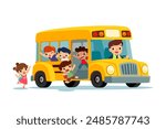 Vector cartoon illustration of happy children boarding a school bus for back to school. Boys and girls with backpacks greeting friends, excited for a new school day.
