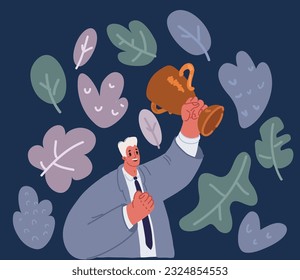 Dibujo vectorial del concepto de Competencia Feliz con ganador, hombre sosteniendo un trofeo de oro de premio y celebrando el éxito sobre fondo oscuro