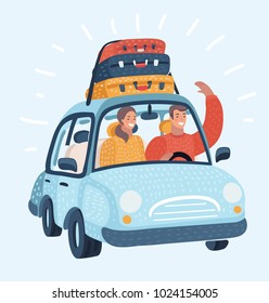 Vector cartoon illustration of Happy couple traveling by car trip. Young family in honeymoon or vacation. Man Driving. Luggage trunks suitcase on top. Travel or relocation, migration, trip concept. 