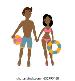 Vector cartoon illustration. Happy couple on vacation