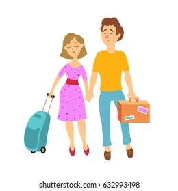 Vector cartoon illustration. Happy couple on vacation