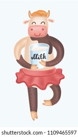 Vector cartoon illustration of Happy Cow cartoon character dance. Smiling animal hold bucket of milk on white background