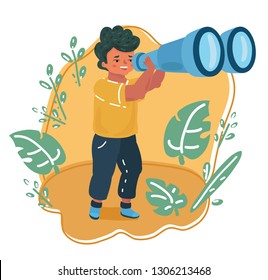 Vector cartoon illustration of Happy and curious little boy kid looking through binoculars. Understand the world by kids concept.