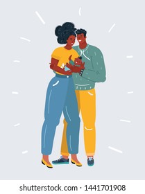 Vector cartoon illustration of Happy dark skinned parents hugging a small baby.