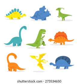 A vector cartoon illustration of happy dinosaurs set. Included in this set: t-rex,triceratops,tyrannosaurus,Pterodactyls,Stegosaurus,spinosaurus,long neck/Apatosaurus and more.