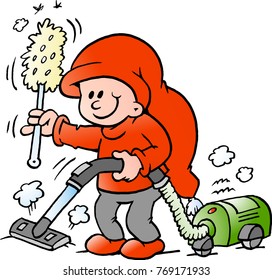 Vector Cartoon illustration of an happy Elf with a vacuum cleaner