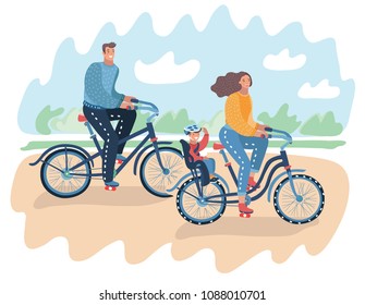 Vector cartoon illustration of Happy family riding bikes isolated on park background. Father, mother, son.