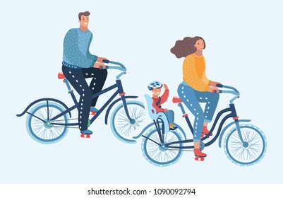 Vector cartoon illustration of Happy family riding bikes isolated. Mother, Father, Son. Human characters on white background.