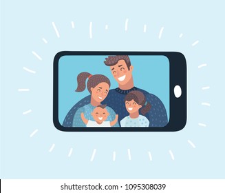 Vector cartoon illustration of Happy family pic on smartphone display. Mother, father, son, daughter. Video call or sending, taking photo, chat.