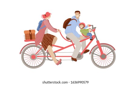 Vector cartoon illustration of happy family riding a Co-Pilot Bike Trailer, bicycle with two adults and one child in front on Child Bike Seat, Baby Carrier Seat. Family doing summer bike activities.