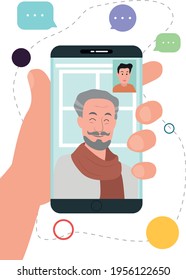 Vector cartoon illustration of Happy family pic on smartphone display. Father and son. Video call or sending, taking photo, chat.