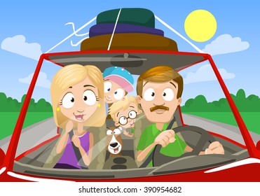 Vector cartoon illustration of happy family having a car trip